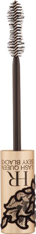 En sminke mascara børste med svart-hvitt stripet håndtak og beige bust. Logo og merke på håndtaket.
