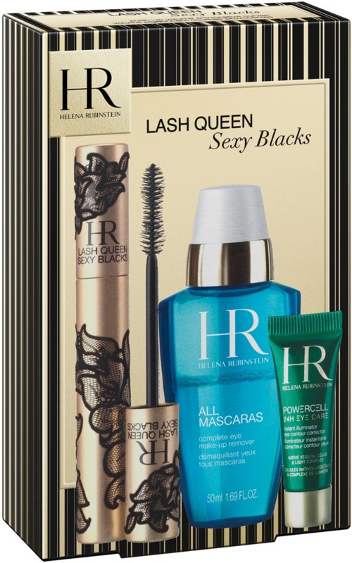 En æske med øjenvippeprodukter, herunder mascara, øjenvippeprimer og gel, i blå, sort og grøn.