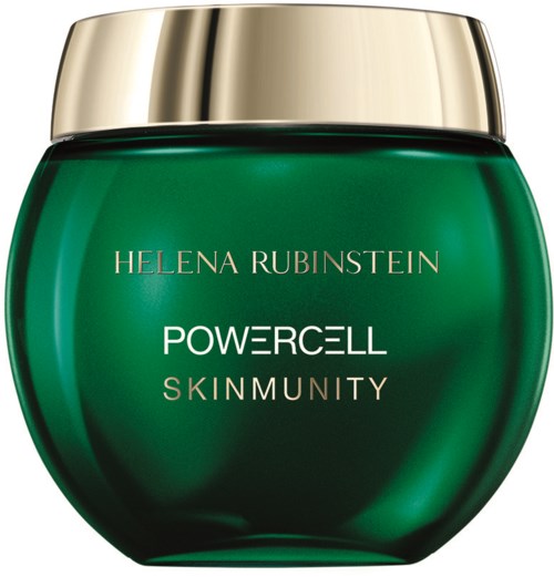 En grön burk med guldslock innehållande Helena Rubinstein Powercell Skinmunity-kräm.