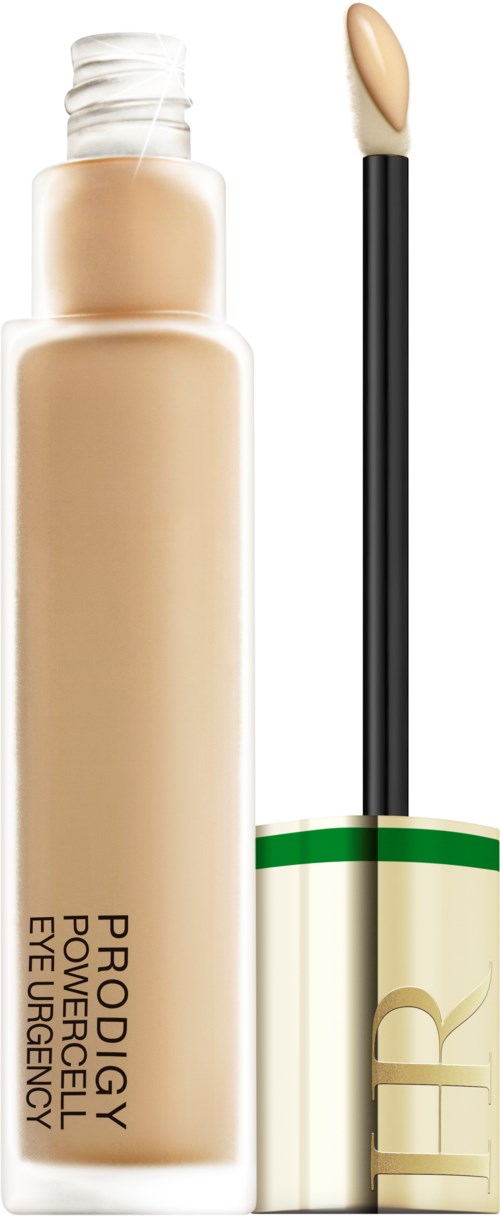 En beige flytande foundationflaska med en svart penselapplikator, märkt "PRODIGY POWERFLEX EYE URGONCY."