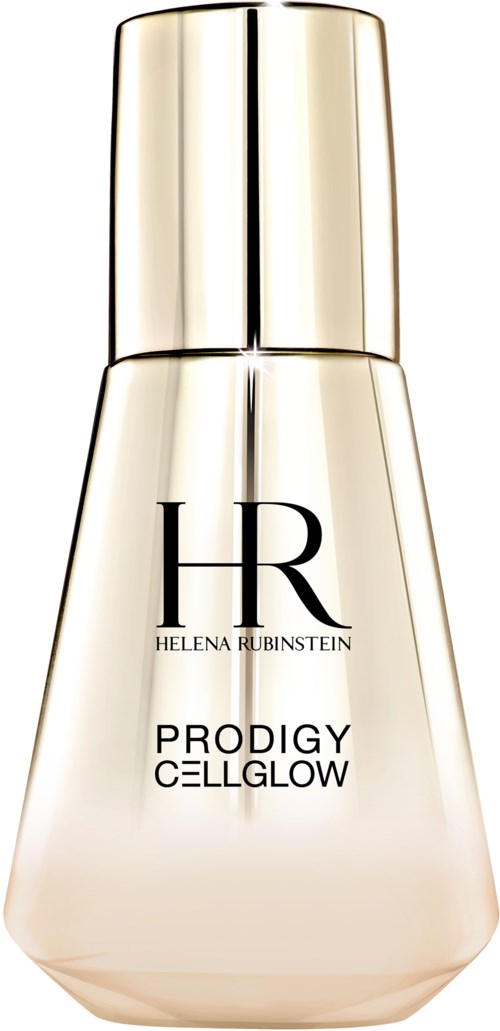 En flaska Helena Rubinstein Prodigy Cellglow hudvård med en glänsande guldlock och en ljusfärgad botten.