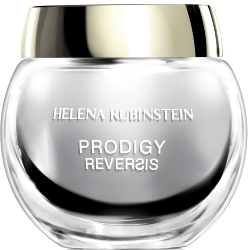 Ett klart glas med guldfärgad lock, märkt Helena Rubinstein Prodigy Reveries, sannolikt en skönhetsprodukt.