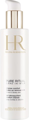 Biała butelka z złotym korkiem i literami, oznaczona Helene Rubinstein, zawiera produkt do pielęgnacji skóry.
