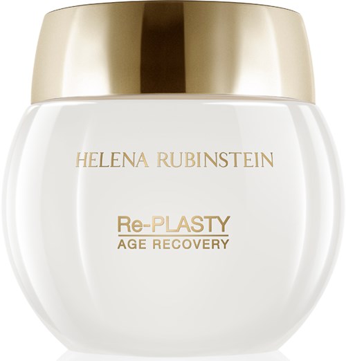 En hvit krukke med gulllokk, merket Helena Rubinstein Re-Plasty Age Recovery krem.