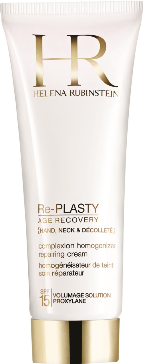 En hvit tube med gull- og svart tekst, merket Helena Rubinstein Re-Plasty Age Recovery krem.