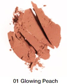 En sminke blush i ferskenfarge, kalt Glowing Peach, med myk pudderskikkelse og lett skimrende.