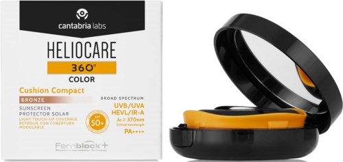 En sort og orange kontaktlinseæske ved siden af en hvid boks med sort, orange og gule tekster om solbeskyttelse.