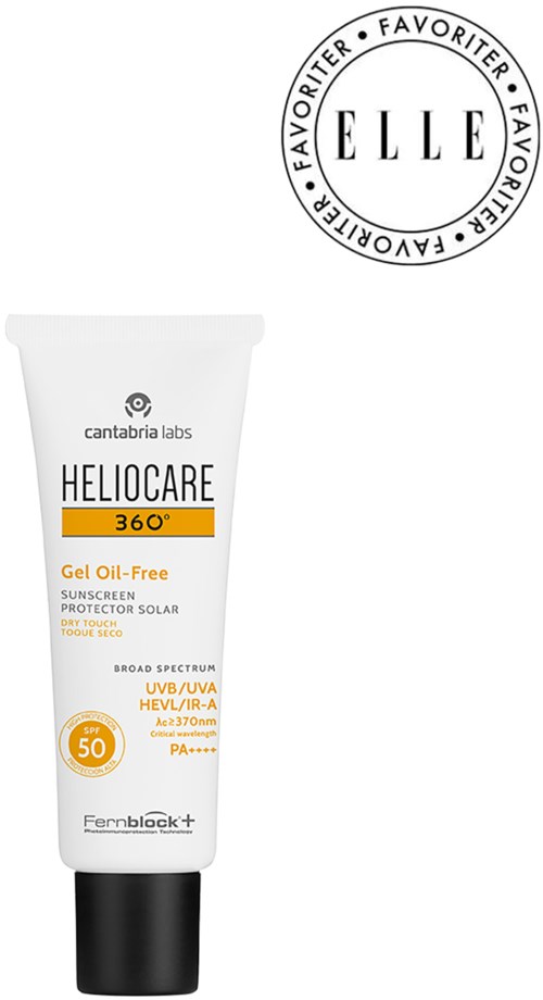 A white tube of Heliocare SPF 50 sunscreen with yellow and black labels, produced by Cantabria Labs.