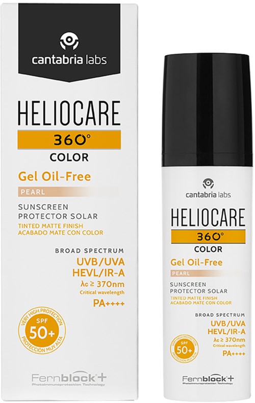 En solkrem kalt HELIOCARE 360° COLOR, olje-fri gel, i hvit og svart emballasje, for solbeskyttelse.