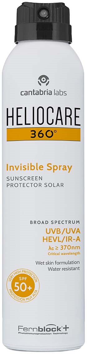 A white spray bottle with black spray top, labeled Heliocare 360° Invisible Spray, sunny skin protection, SPF 50+.