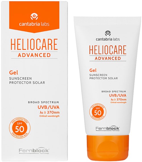 En solcreme gel i tube og æske, mærket med SPF 50, bredspektret UVB/UVA beskyttelse, og orange og hvidt design.