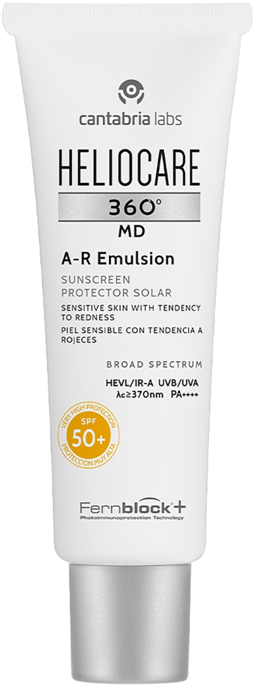 En vit solkrämstub med svart och orange text, märkt Heliocare 360 MD, SPF 50+.
