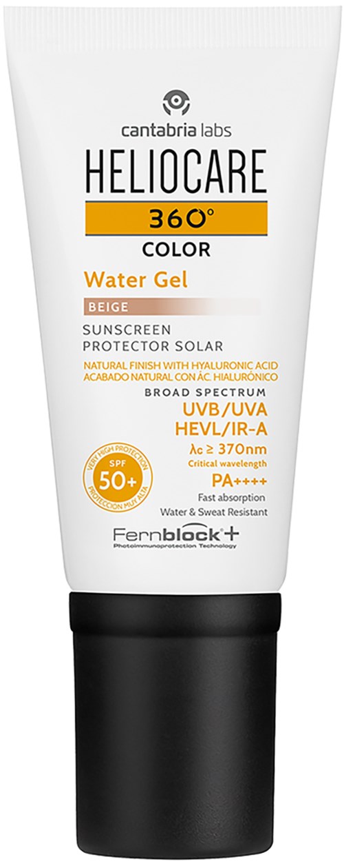 En hvit tube fra Cantabria Labs Heliocare vann gel solkrem med svart lokk, SPF 50+, og bredspektret beskyttelse.
