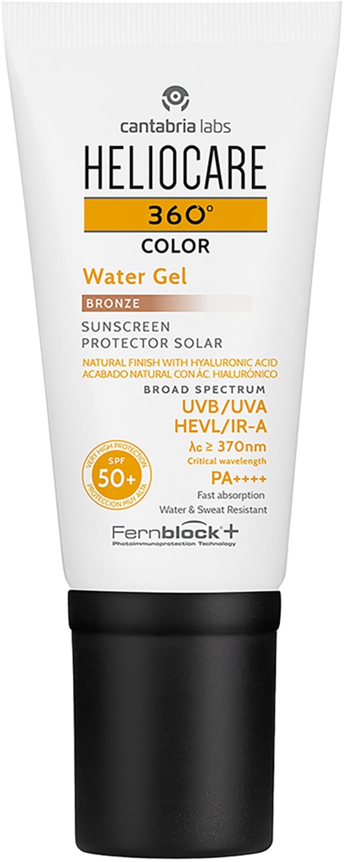 En tube med Cantabria Labs Heliocare 360° vannvoks med SPF 50+, laget for solbeskyttelse med bredspektret og høy motstandsdyktighet.