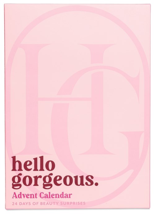 Hellrosa Hintergrund mit großen blassen Buchstaben, steht "hello gorgeous. Advent Calendar" und erwähnt 24 Überraschungstage.