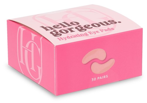 Rosa box med gelögonlappar, 30 par, kallad 'Hello Gorgeous!' för återfuktning.
