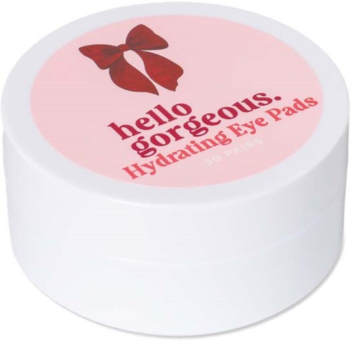 A round white container with a pink label, red bow illustration, and text about hydrating eye pads.