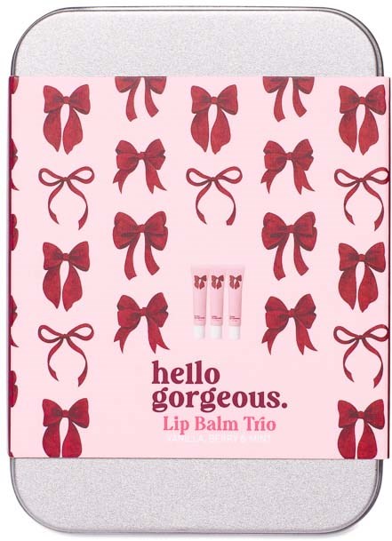 Pink box with red bows pattern and three small lip balm tubes, Hello Gorgeous Lip Balm Trio written on front.