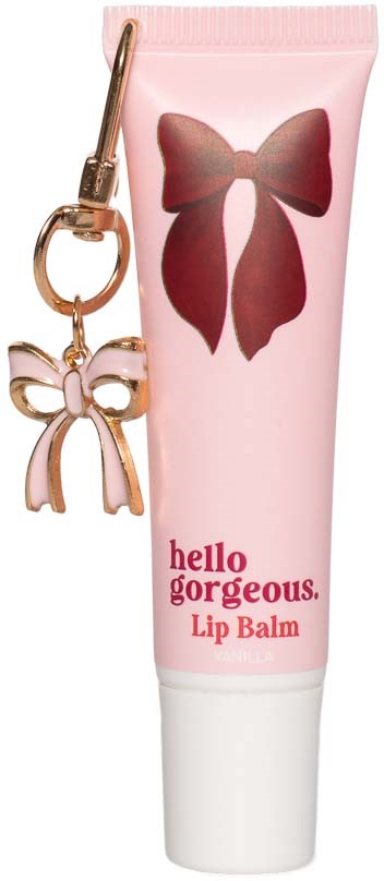 Pink lip balm tube with a large butterfly logo and a butterfly-shaped keychain decoration.