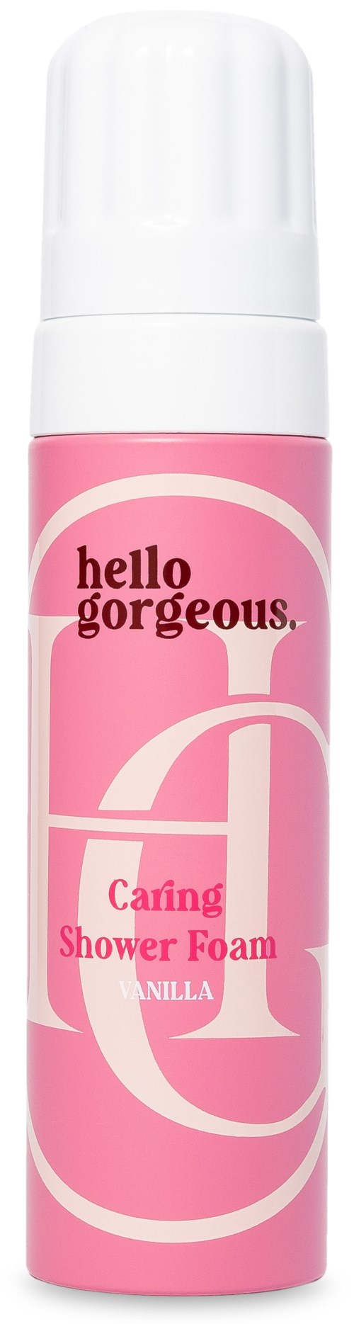 Rosa och vit flaska med vårdande duschskum, rosa text och en stor G-design.