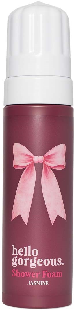Pink shower foam bottle with a bow illustration and 'hello gorgeous' text on it.