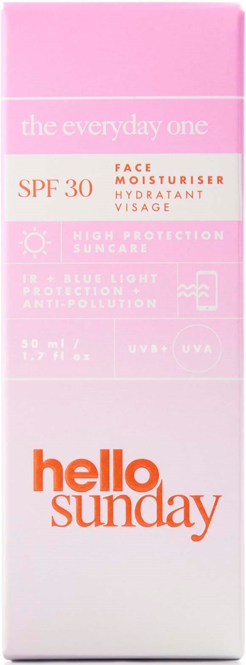 En rosa- och vit låda med solskyddsmedel, fuktighetskräm och UV-skyddsdetaljer, märkt 'hello sunday' och 'the everyday one.'