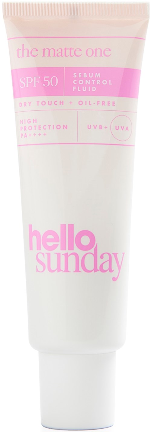 Valkoinen putki jossa vaaleanpunaista tekstiä, ihoon tarkoitettu auringonsuojavoide SPF 50 ja 'hello sunday'.