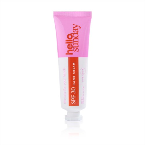 Różowa tubka kremu do rąk z napisem 'hello sunday' i SPF 30. Chroni dłonie przed słońcem.