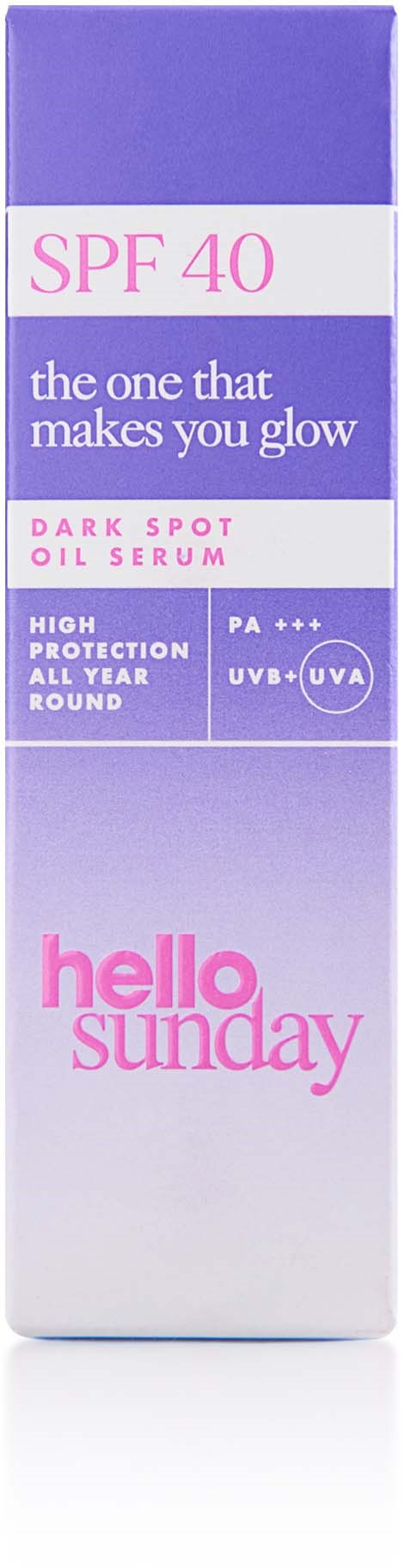 Różowa i fioletowa butelka serum do skóry z SPF 40 i ochroną UVA, nazwana Hello Sunday. Rozjaśnia skórę.