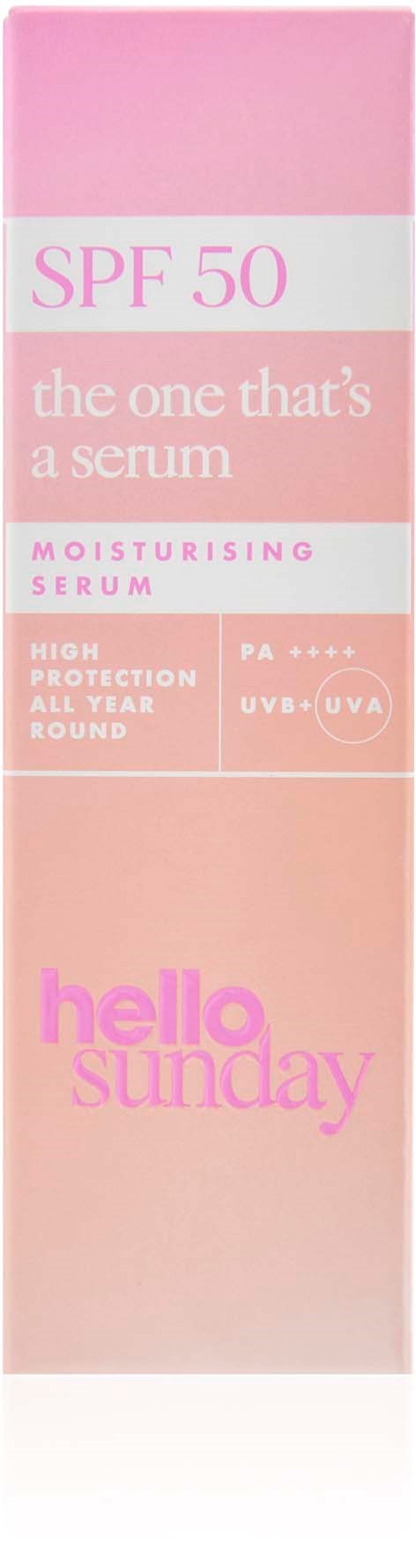 Różowe i białe opakowanie produktu do pielęgnacji skóry z SPF 50, nawilżającym serum i oznaczeniem hello sunday.