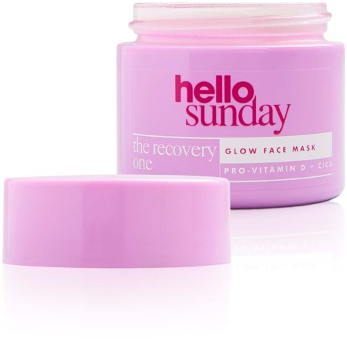 Różowa puszka maski do twarzy Hello Sunday z pasującą pokrywką, do blasku i regeneracji, zawiera witaminy i cica.