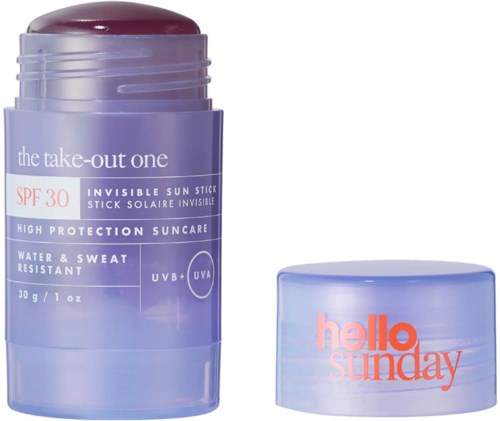 Fioletowy sztyft z SPF 30, wodoodporny i odporny na pot, z niebieską zakrętką z napisem "hello sunday."
