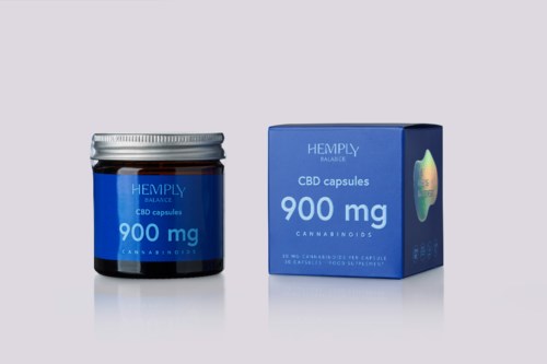 CBD-kapsler i glas og æske, hver mærket 900 mg, med blå design.