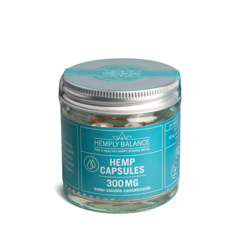 Purkki hampkapseleita, jotka on merkitty terveydeksi, sisältäen 300 mg vettä liukenevia kannabinoideja.