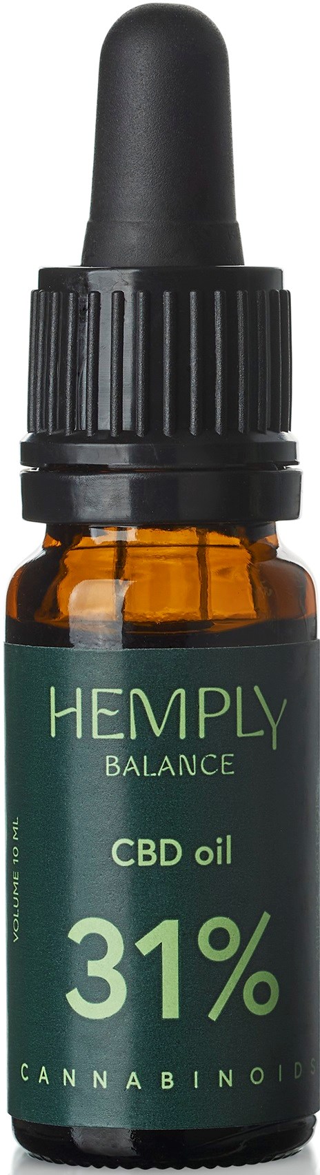 Kleine bruine fles met zwarte druppelkap, label 'HEMPLY BALANCE CBD oil 31% CANNA BIOID'.