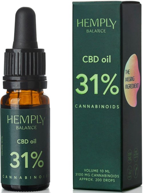 Een kleine druppelfles met hennep CBD-olie naast de doos, met 31% cannabinoïden en 10 ml.