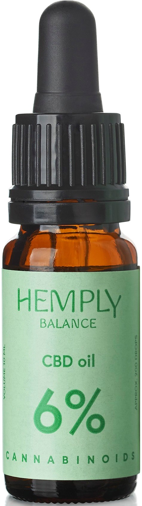 Kleine braune Flasche mit grünem Etikett und Pipette, gekennzeichnet als CBD-Öl mit 6 % Cannabinoiden.