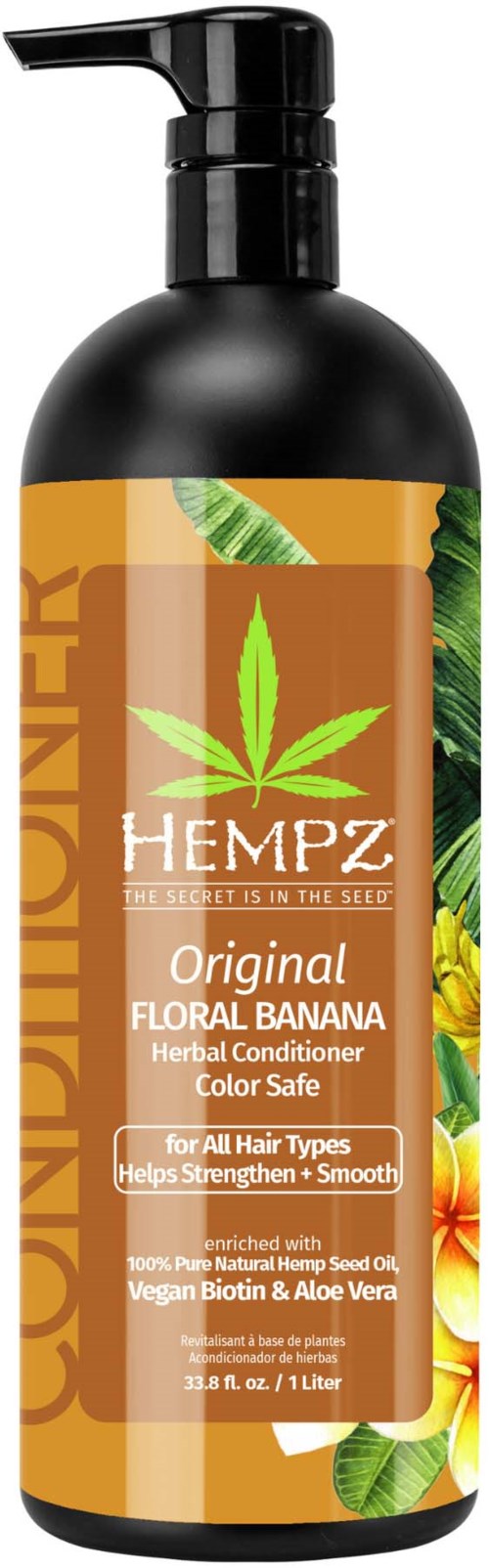 Musta pumppupullo, merkki Hempz floral banana yrttisampo kaikille hiustyypeille, sisältää luonnollisia ainesosia.