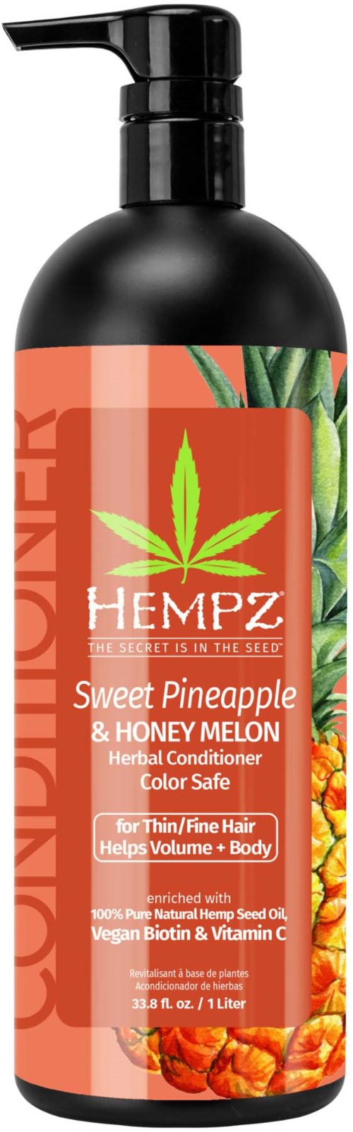 A black pump bottle of hair conditioner with pineapple and honey melon ingredients, designed for fine hair, includes natural hemp seed oil.