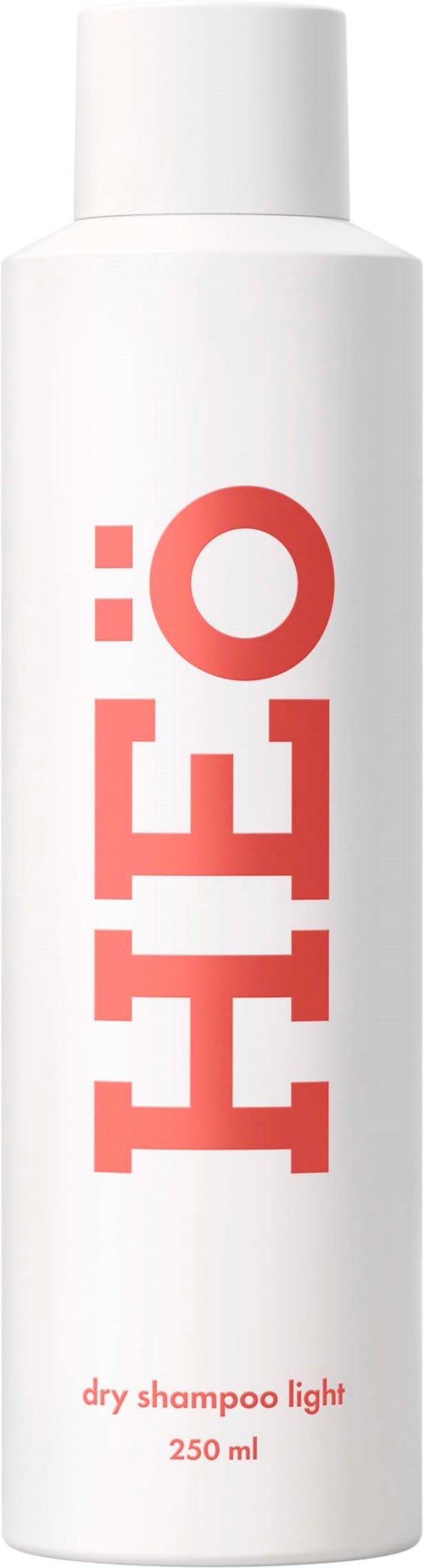 Een witte fles met rode tekst zegt 'HITEO' en 'dry shampoo light 250 ml'.