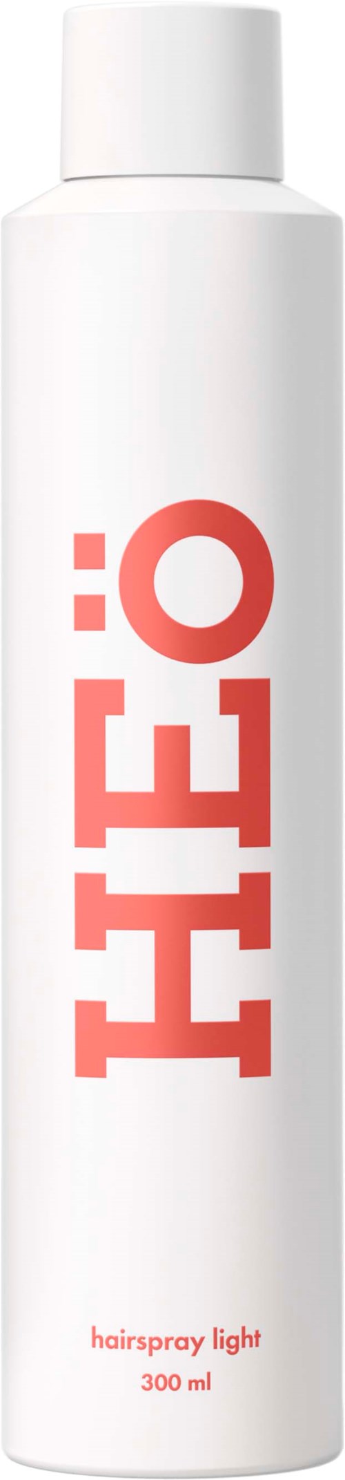 En vit sprayflaska med röd text som säger 'HIELO' och 'hairspray light 300 ml'.