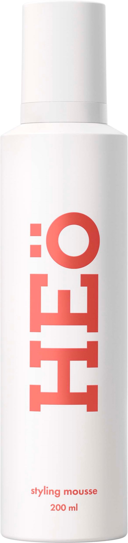 Valkoinen pullo, jossa on punainen teksti "HÉO" ja "styling mousse 200 ml."