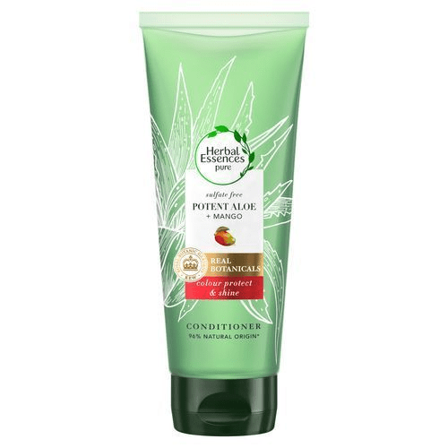 Grønn balsamflaske med aloe og mango, etiketten fremhever naturlige ingredienser og fargeskjerming.
