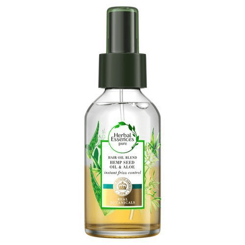 En transparent sprayflaska med gröna detaljer, växtbilder, märkt som herbal essence med hampfrö, aloe och frisk kontroll.