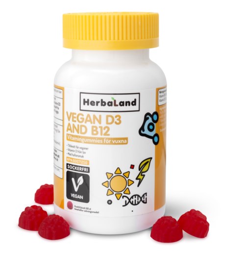 Veganska D3 och B12 vitamintuggummin från HerbaLand, apelsinsmak, glutenfria, med hallon runt flaskan.