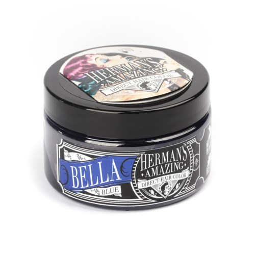 En liten svart behållare med hårfärg märkta Bella Blue från Hermans Amazing Direct Hair Color.