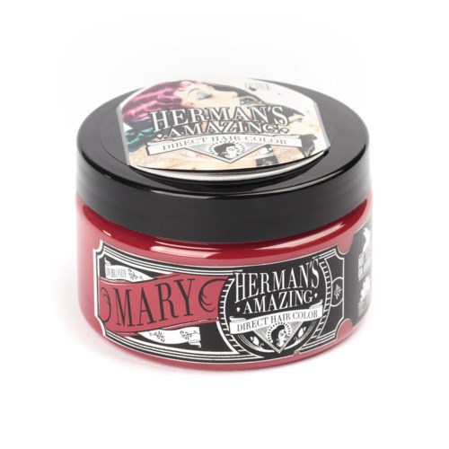 En rund burk med hårfärg med svart lock, märkt "Mary Herman's Amazing."