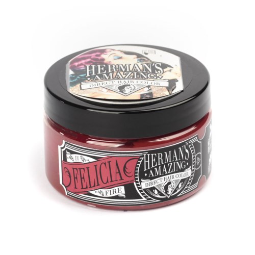 Rote Haarfärbepot meine mit schwarzem Deckel, Etikett zeigt Marke Hermann's Amazing, Feliça Fire Farbe.