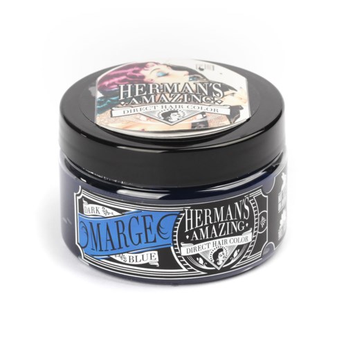 En burk med Herman's Amazing Marge Blue hårfärg med svart lock och färgglad etikett.