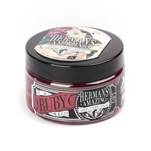 En liten burk med Herman's Amazing Ruby Red hårfärg med svart lock och dekorativ etikett.